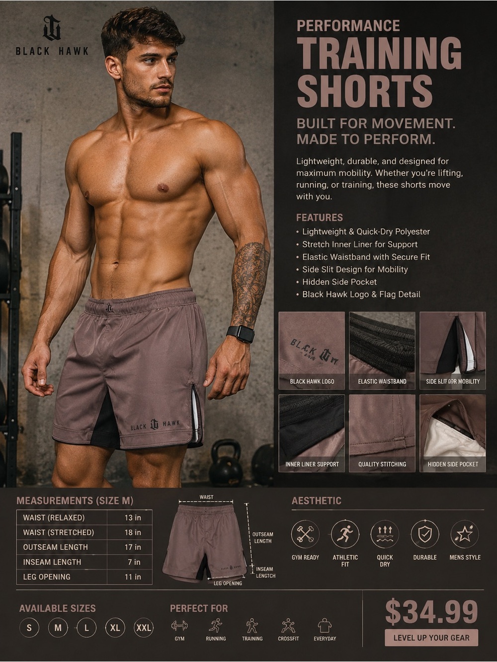 Men’s Brown Athletic Shorts with Side Zip
